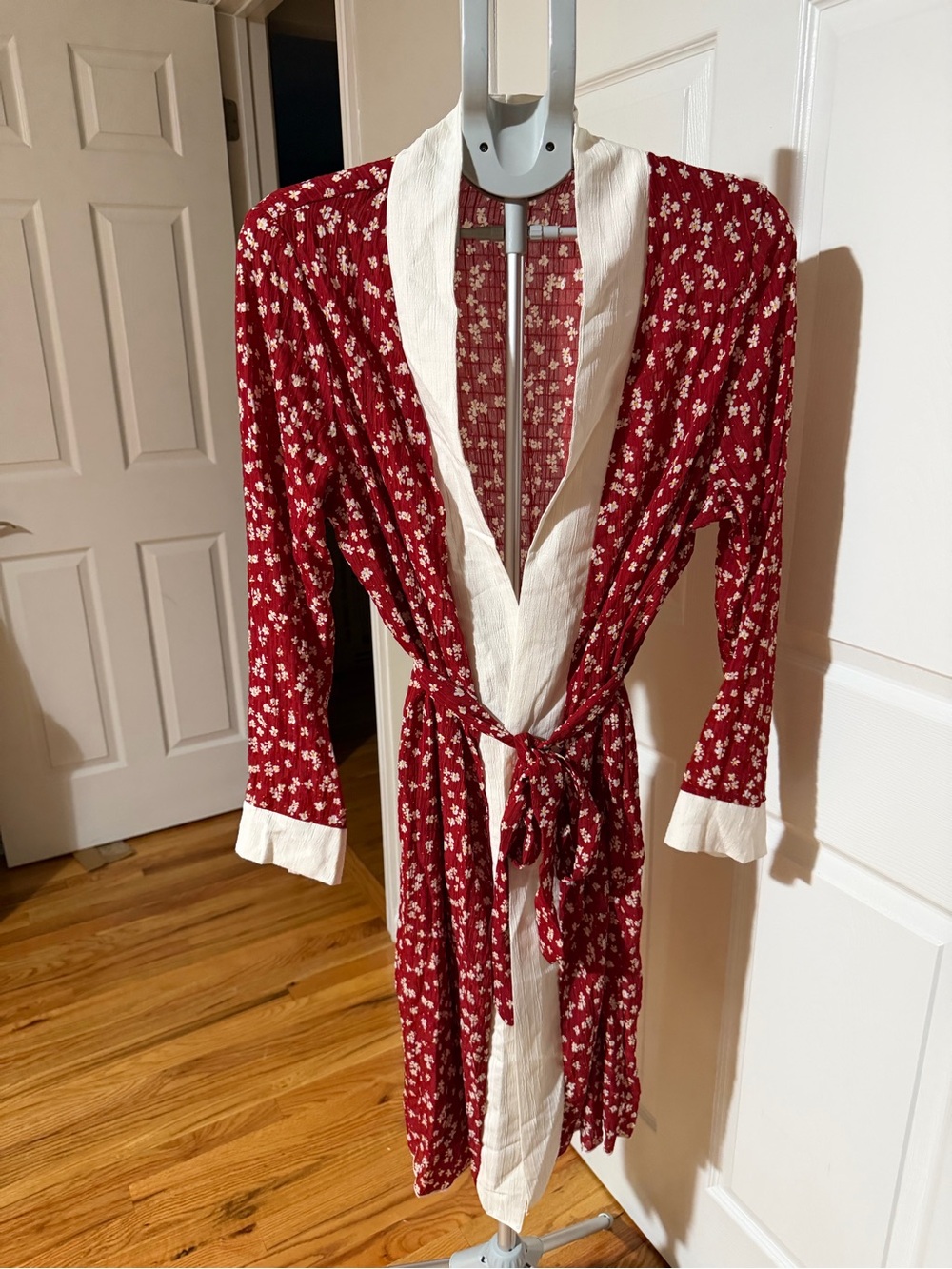 Women’s Red Floral Wrap Robe with Cream Trim
